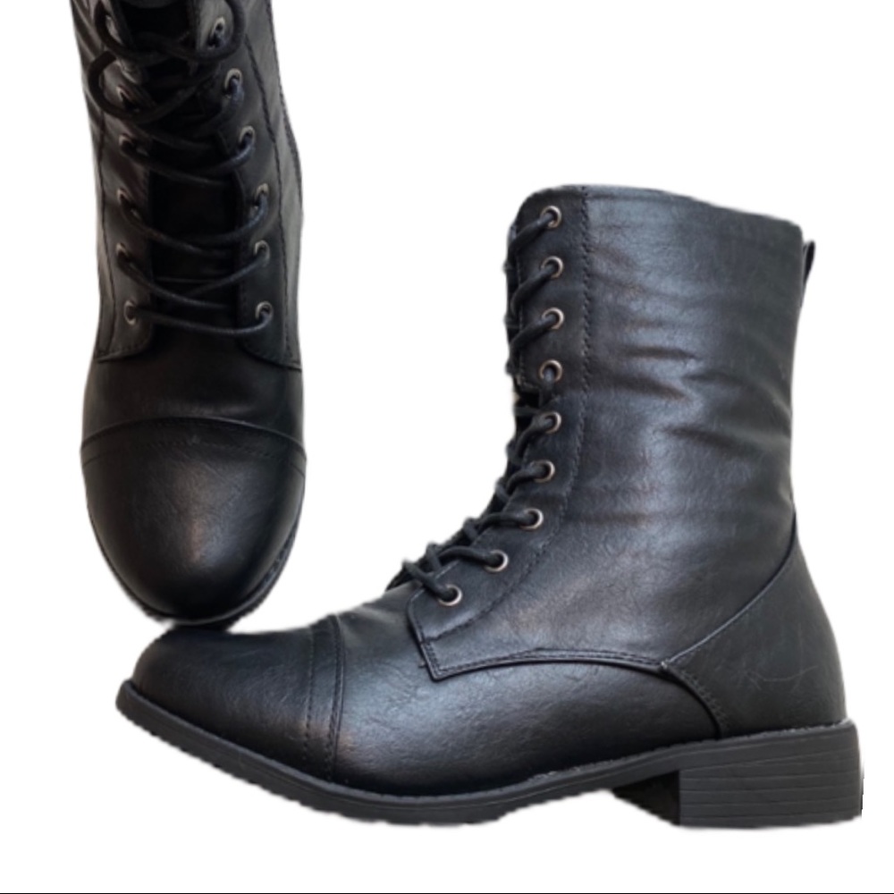 Black Military Combat Women's Boots Shoes Faux Leather